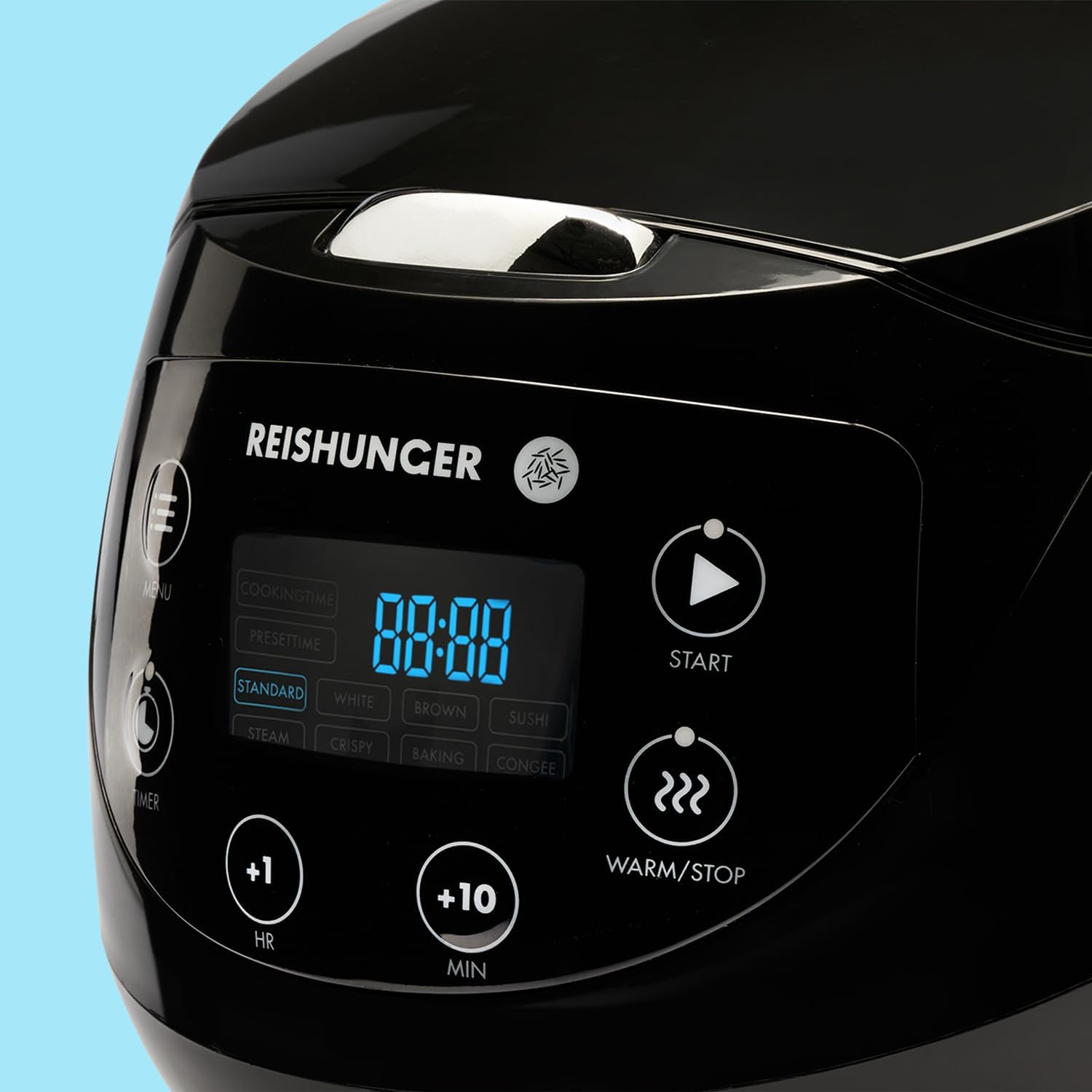 REISHUNGER Cuociriso digitale piccolo, nero | Da 0,6 L fino a 3 persone | Funzione mantenimento calore, timer e pentola premium | Multicooker e vaporiera piccoli, 8 programmi, tecnologia a 7 fasi
