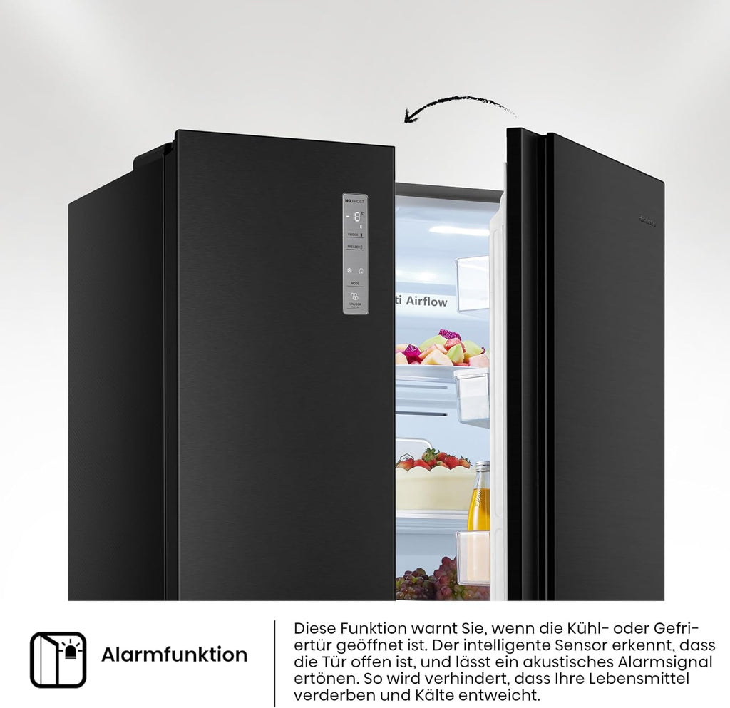 Hisense RS677N4BFD Frigorifero Americano Side by Side / Compressore Inverter / Porta Bottiglie / 2 FreshZone / Vano Verdure / Capacità Frigo 334 L / Capacità Congelatore 185 L / 41 dB / 247 kWh all'anno, Nero