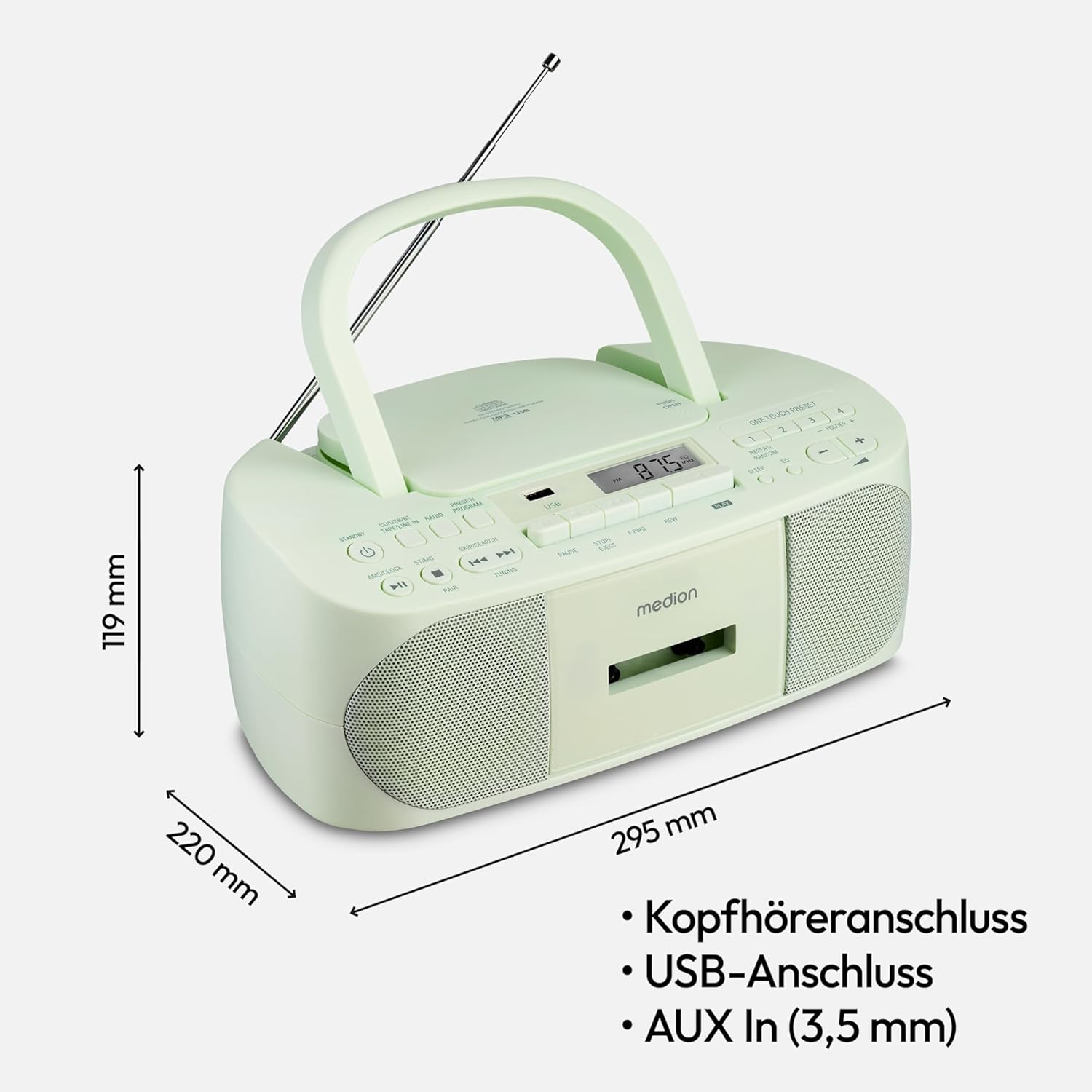 MEDION E65010 Radioregistratore stereo (lettore CD, cassetta, porta USB, ingresso audio AUX, riproduzione MP3, radio PLL FM, 40 stazioni memorizzabili, funzionamento a batteria, telecomando) bianco
