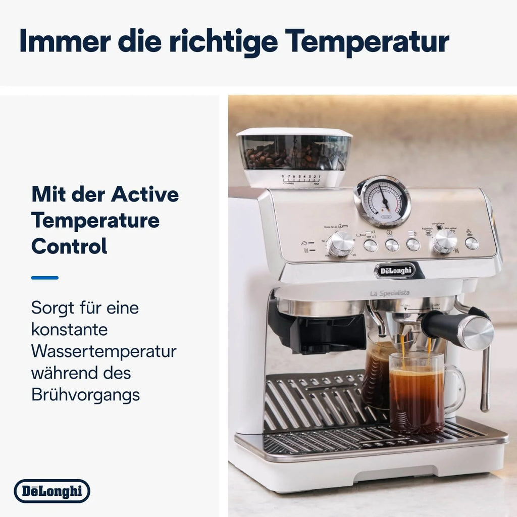 De'Longhi La Specialista Arte EC9155.MB Macchina da caffè espresso con macinacaffè, 8 impostazioni di macinatura, 15 bar, 3 temperature, lancia vapore, 1300 W, serbatoio da 1,5 l, acciaio inossidabile/nero con Barista-Kit