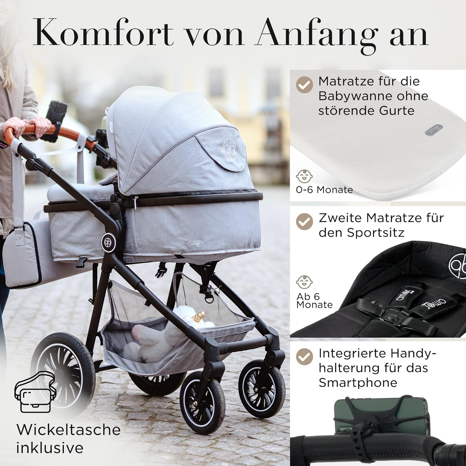 Kinderwagen [3 in 1] - Babyschale, klassischer Babywagen & Autositz in einem Set | Buggys, Kinder Wagen, Baby Stroller | Höchste Sicherheit Inkl. Isofix & 5-Punkt-Sicherheitsgurt | AMOR BABY Primus