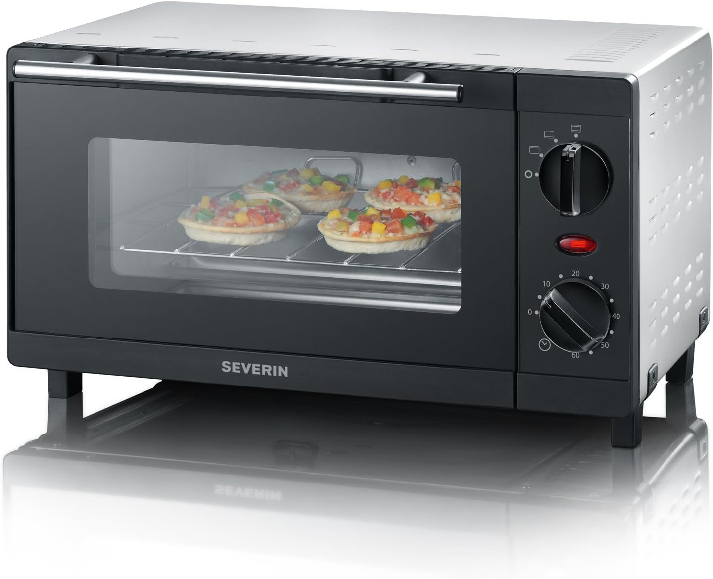 SEVERIN TO 2052 Forno tostapane (800 W, incl. griglia e teglia da forno, 9 L) argento/nero e 2287-000 Tostapane automatico, incl. supporto per panini, 2 fessure, 700 W, AT 2287, nero