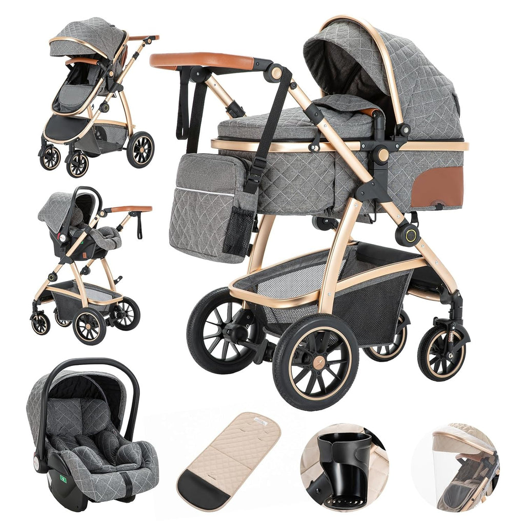 Gcarebb Passeggino 3 in 1, Buggy con Ovetto, Set Completo Passeggino Regolabile in Altezza, Passeggino Combinato con Telaio in Alluminio per Neonati 0-4 Anni