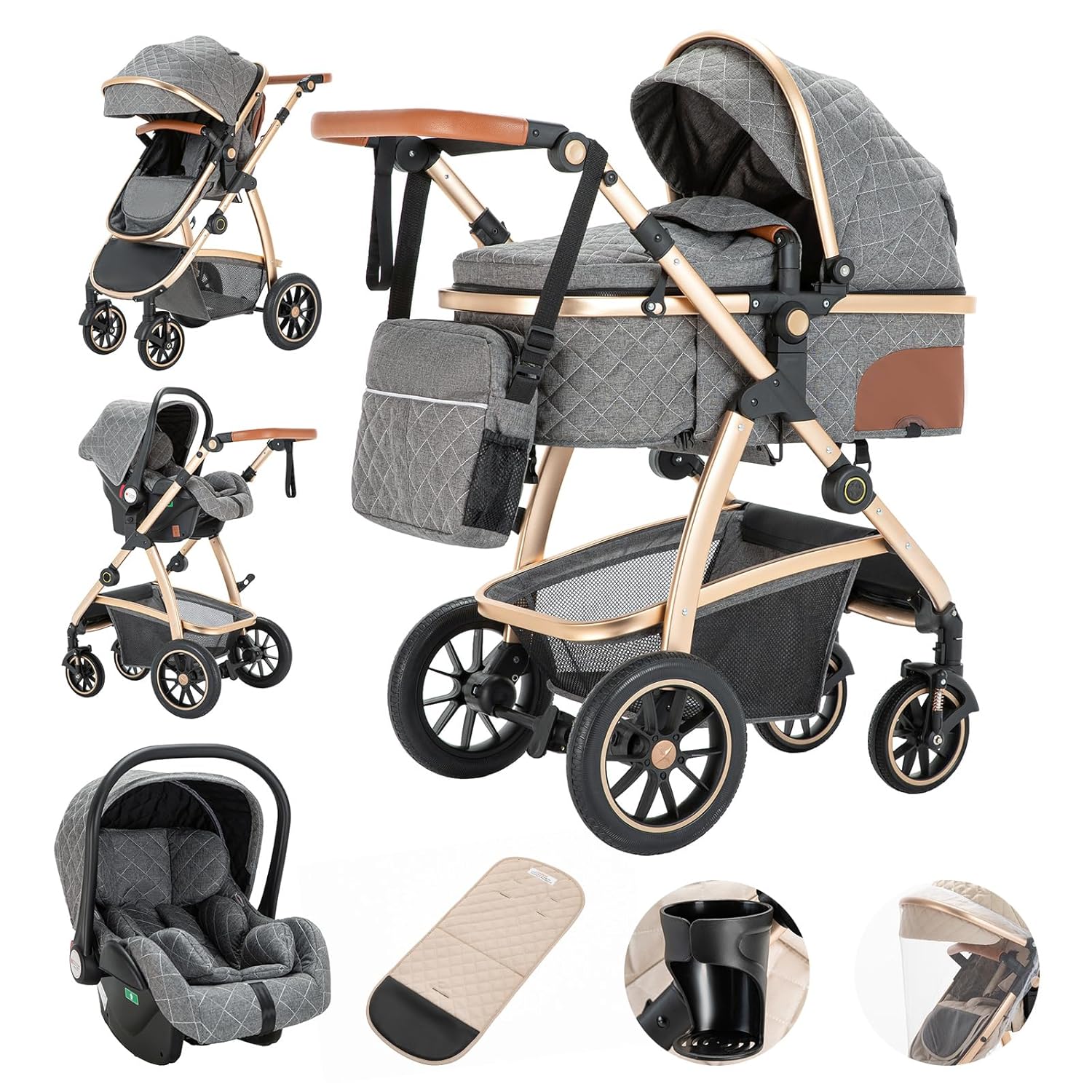 Gcarebb Passeggino 3 in 1, Buggy con Ovetto, Set Completo Passeggino Regolabile in Altezza, Passeggino Combinato con Telaio in Alluminio per Neonati 0-4 Anni