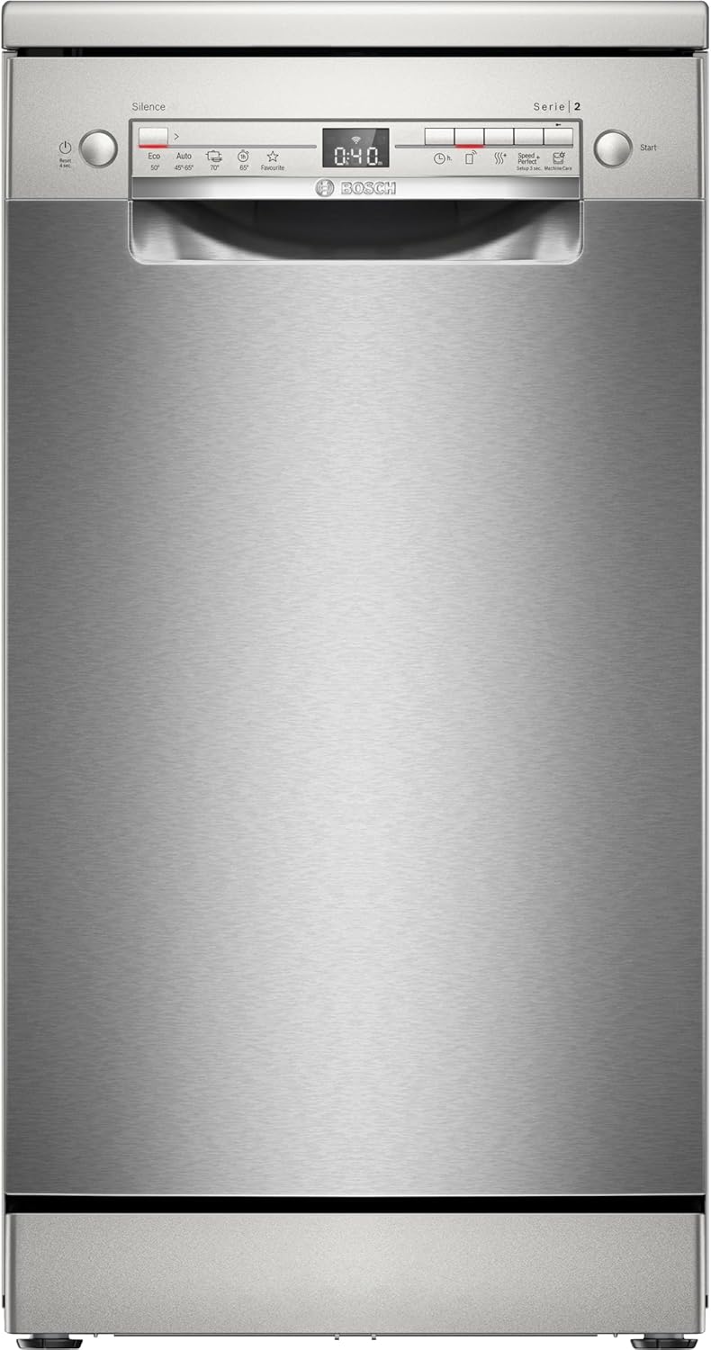 Bosch SPV2IKX10E Serie 2 Lavastoviglie smart a scomparsa totale, larghezza 45 cm, Cestello posate, Extra Asciugatura con la pressione di un pulsante, InfoLight punto luce rosso sul pavimento, AquaStop protezione dai danni causati dall'acqua, Bianco