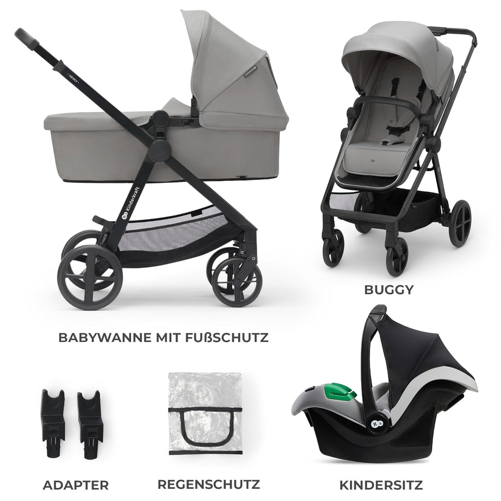 Kinderkraft NEWLY Kinderwagen 3 in 1, Komplettset bis 22 kg, Kindersitz I-Size 40-75 cm im set, Kombikinderwagen mit Fußsack, wasserfestes Verdeck mit UPF50+, Zusammenklappen, Liegeposition, Beige