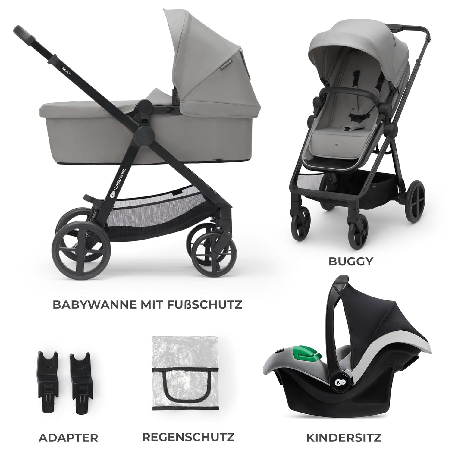 Kinderkraft NEWLY Kinderwagen 3 in 1, Komplettset bis 22 kg, Kindersitz I-Size 40-75 cm im set, Kombikinderwagen mit Fußsack, wasserfestes Verdeck mit UPF50+, Zusammenklappen, Liegeposition, Beige