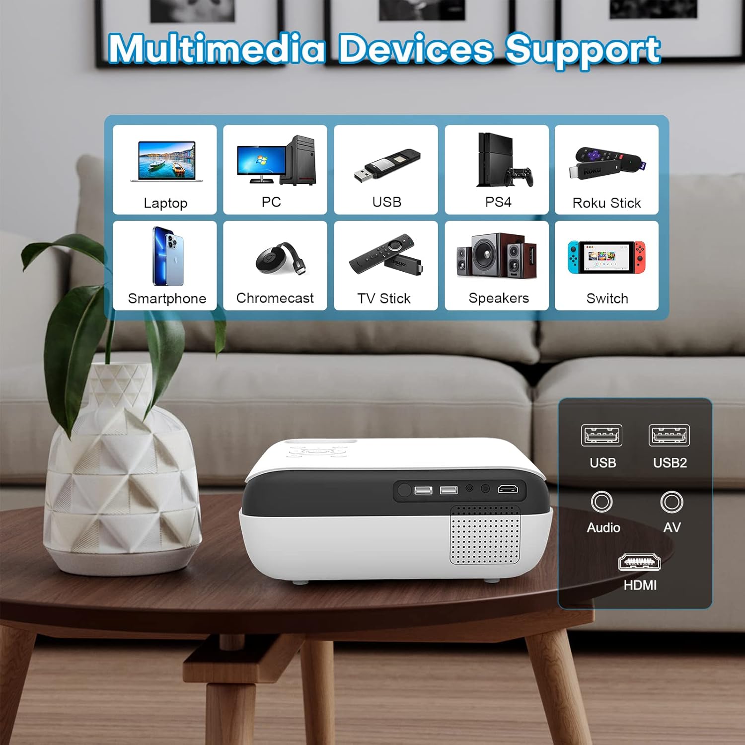 Beamer, Mini Beamer 4K Bluetooth 5.1 Tragbar Heimkino Multimedia Projector 10000Lux Mit 100'' Bildschirm, Kompatibel mit HDMI USB AV, phones,Laptops,TV Stick,PS5