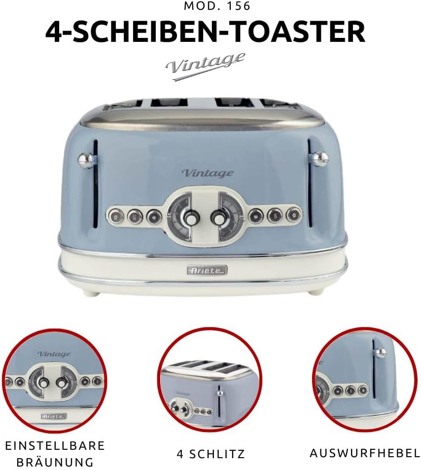 Ariete Vintage 156, 4-Scheiben-Toaster, Retro Toaster mit 6 Toaststufen, Automatischer Auswurf, Auftaufunktion, Herausnehmbares Krümelfach, Gehuse aus Edelstahl, 1600W, Beige