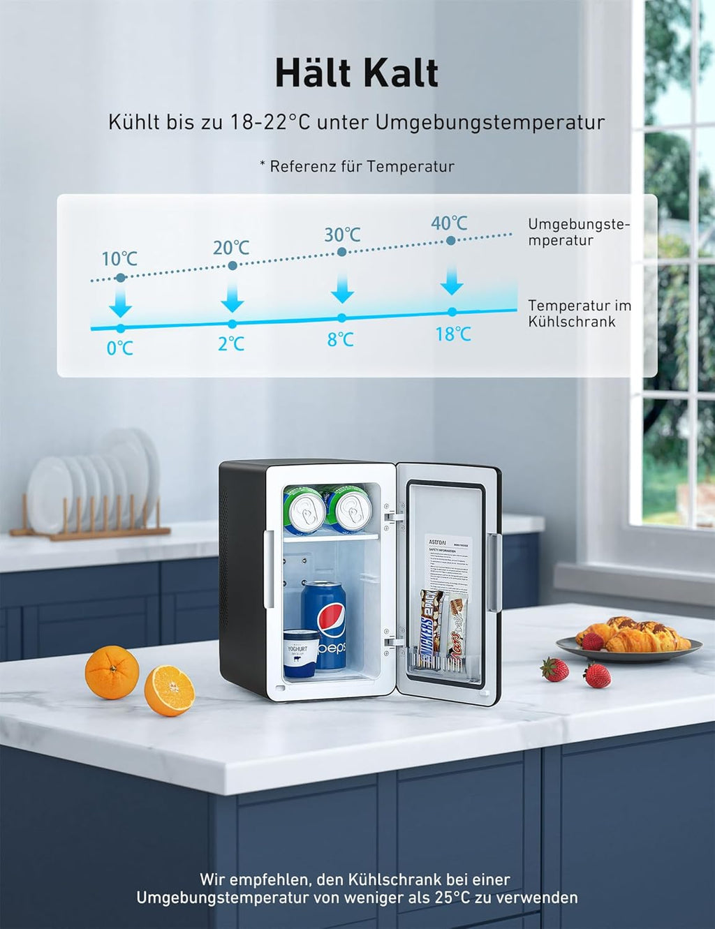 AstroAI 2 in 1 Mini Kühlschrank, 6 Liter Fridge / 8 Dosen mit Kühl- und Heizfunktion, 12V / 220V Steckdose für Autos, Büros und Schlafsle, Schwarz