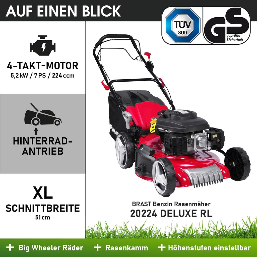 BRAST® Benzin Rasenmäher mit Antrieb | 3,5kW (4,76PS)-5,2kW(7PS) | 46-51cm Schnittbreite | viele Modelle | TÜV | 4 Takt OHV Motor | 30-80mm Schnitthöhe | 60L Fangkorb | Stahlgehäuse | RED LINE 7PS