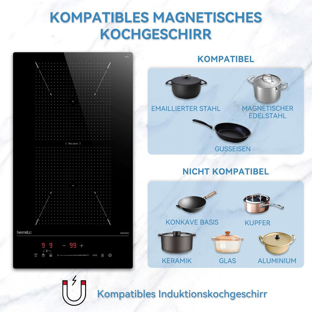 Induktionskochfeld 60cm, Eingebautes Schwarzes elektrisches Kochfeld, mit 4 Kochzonen, 9 Leistungsstufen, Geeignet für Eisen- und Edelstahltpf