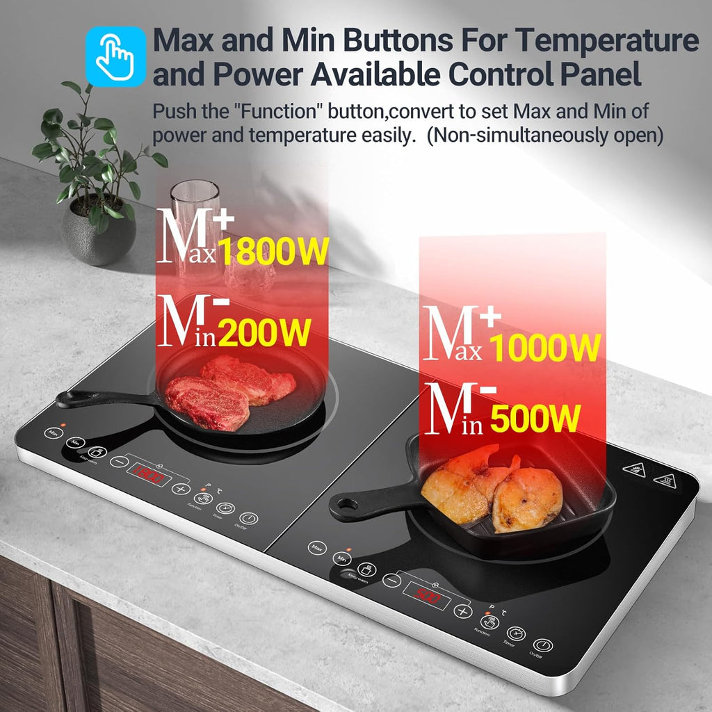 Piano Cottura a Induzione, Piano Cottura Doppio Portatile Aobosi con Funzione Scaldavivande, 10 Livelli di Temperatura e 6 Livelli di Potenza, Timer, Tasto Max e Min, 3500 Watt, Controllo Touch Sensor