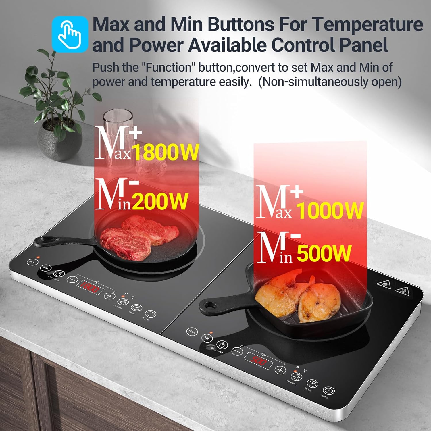 Piano Cottura a Induzione, Piano Cottura Doppio Portatile Aobosi con Funzione Scaldavivande, 10 Livelli di Temperatura e 6 Livelli di Potenza, Timer, Tasto Max e Min, 3500 Watt, Controllo Touch Sensor