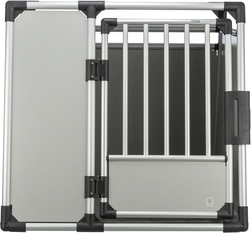 TRIXIE Hunde-Transportbox Aluminium in silber – M: 55 × 62 × 73 cm, stabile und geräuscharme Hundebox mit abgeschrägten Seiten, Sicherheitsverschluss & rutschfester Liegematte – 39342