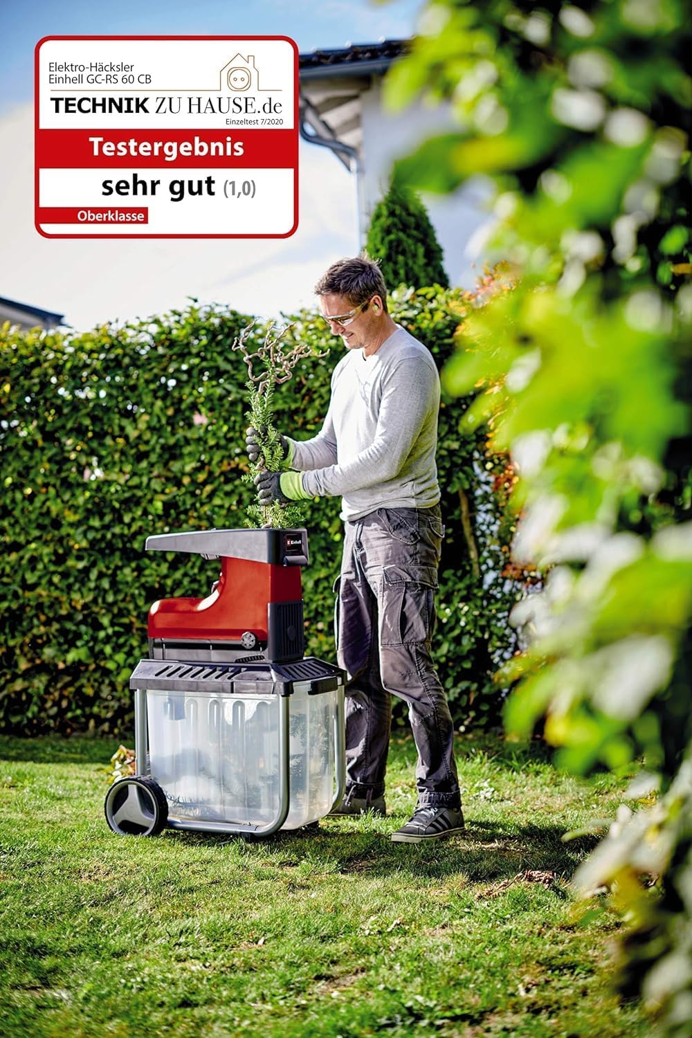 Trituratore elettrico silenzioso Einhell GC-RS 60 CB (2800 W, diametro rami max. 45 mm, rullo trituratore, ampia apertura dell'imbuto, interruttore inversione di marcia, cassetta di raccolta trasparente da 60 L, interruttore di sicurezza integrato)