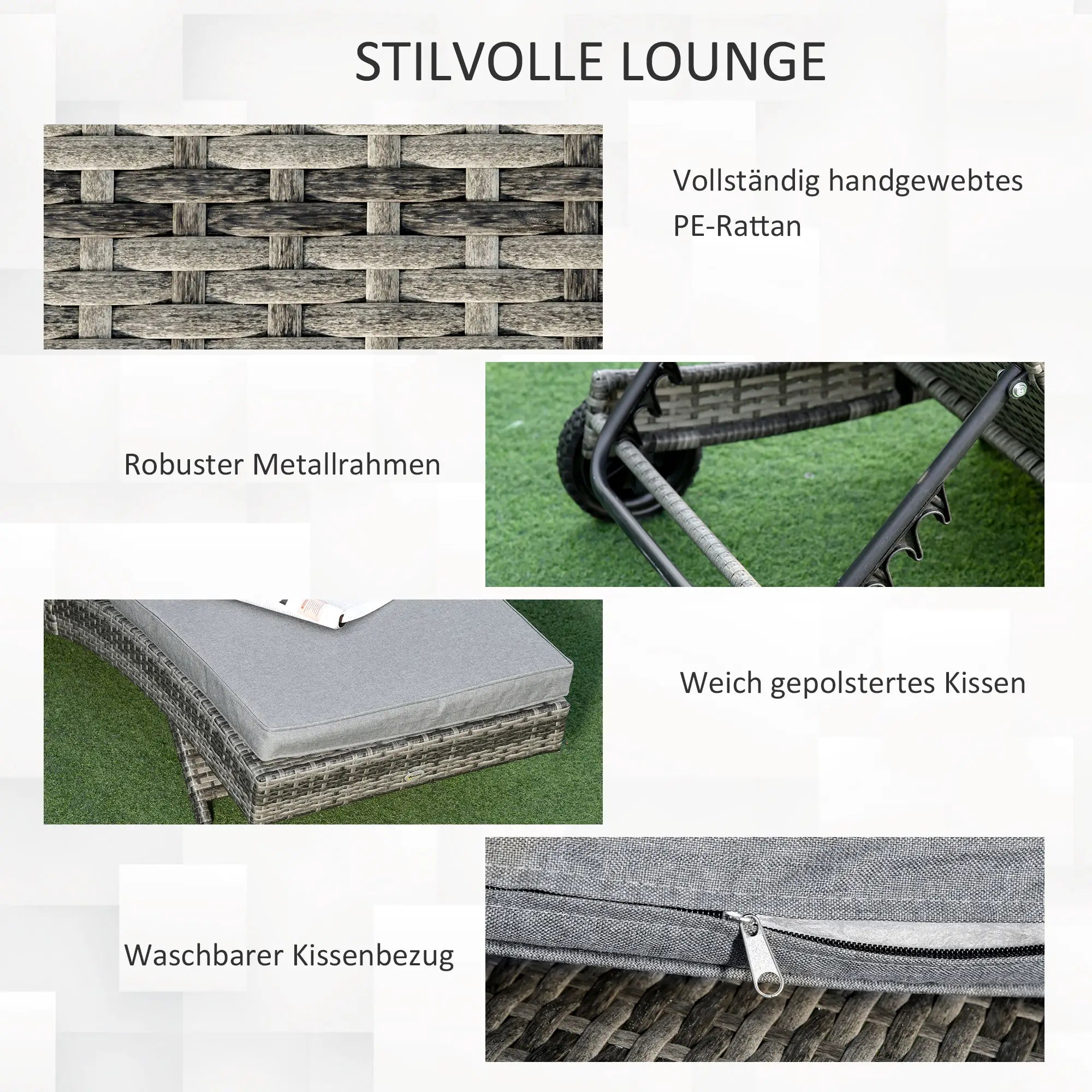 Outsunny Lettino prendisole in polyrattan regolabile con ruote grigio