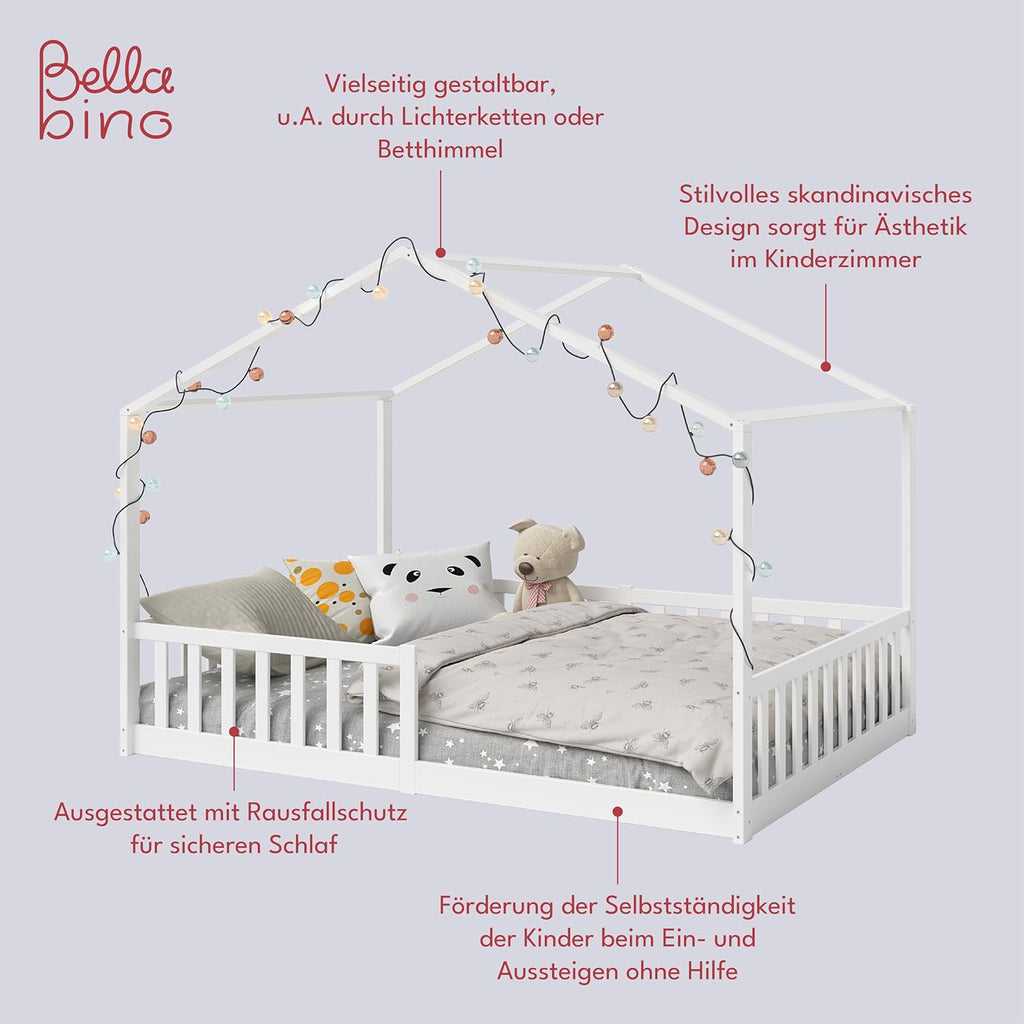 Bellabino Lettino per bambini Bia 140x200 cm, letto a capanna per bambini con protezione anticaduta e rete a doghe arrotolabile, letto a terra Montessori bianco in legno massello di pino