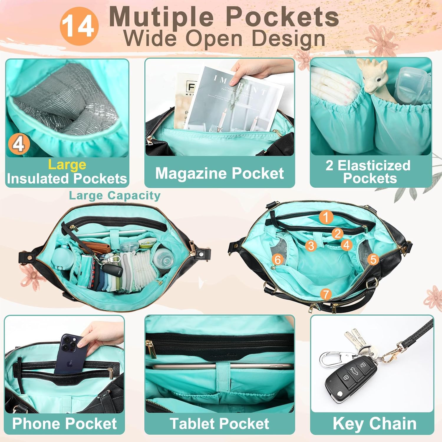 MOMINSIDE Wickeltasche, Tragetasche, Leder-Wickeltasche, Rucksack mit 14 Taschen für Mama, Papa, Suche nach der Baby-Wunschliste, große Reise-Babytasche für Jungen und Mädchen mit 4 isolierten