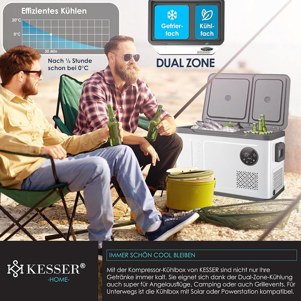 KESSER® Frigorifero Portatile a Compressore 2in1 Doppia Zona Fredda & Congelatore, Box Congelatore Elettrico con 2x Ghiaccioli & Controllo Touch LED | Refrigerazione fino a -20 °C per Campeggio, Auto, Camion 12/24V 230V
