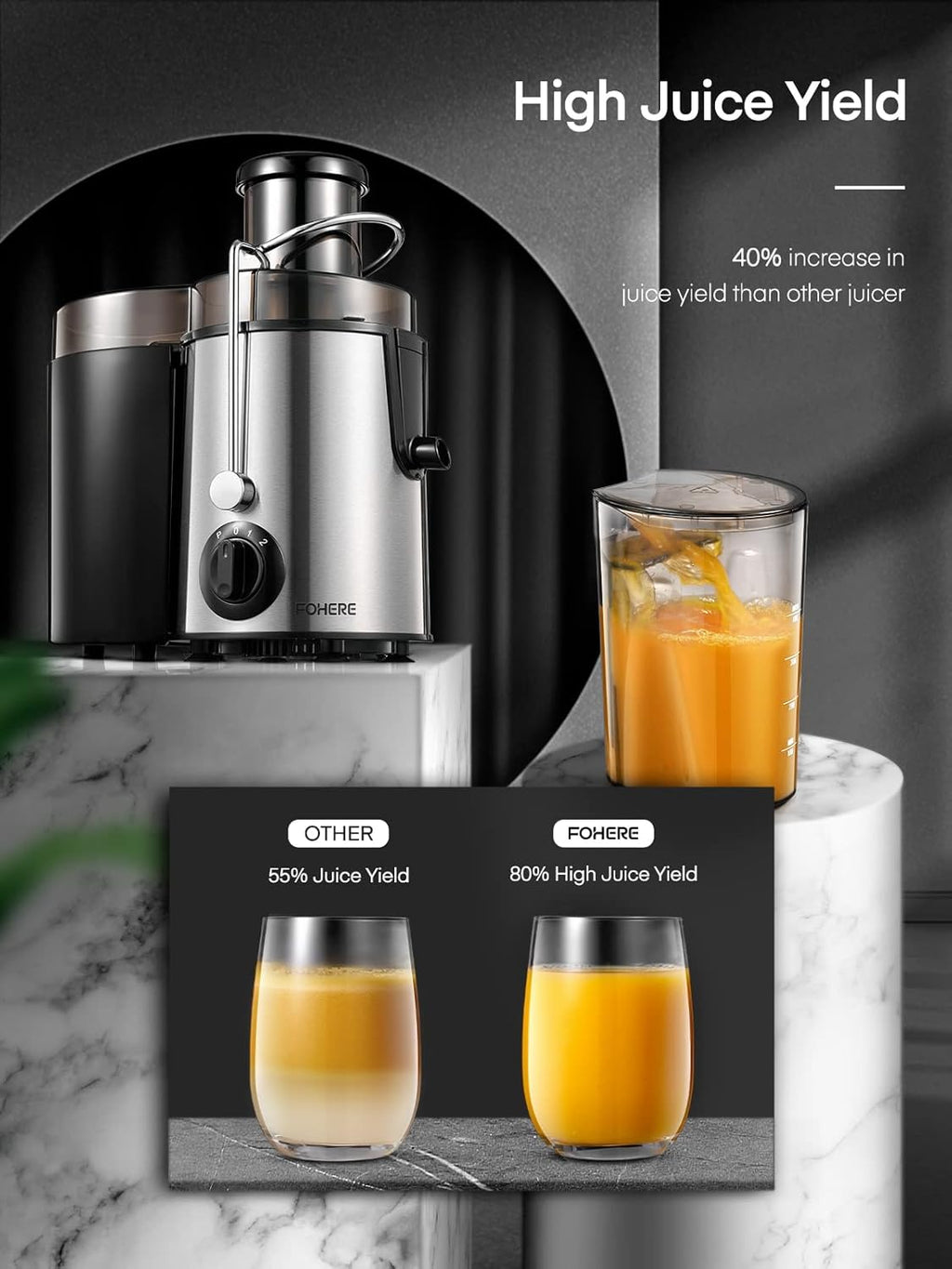 FOHERE Centrifuga per Frutta e Verdura in Acciaio Inox, 400W con Imboccatura Larga da 65 MM e 3 Velocità, Funzione Anti-Goccia e Protezione da Surriscaldamento con Spazzola per la Pulizia, Argento