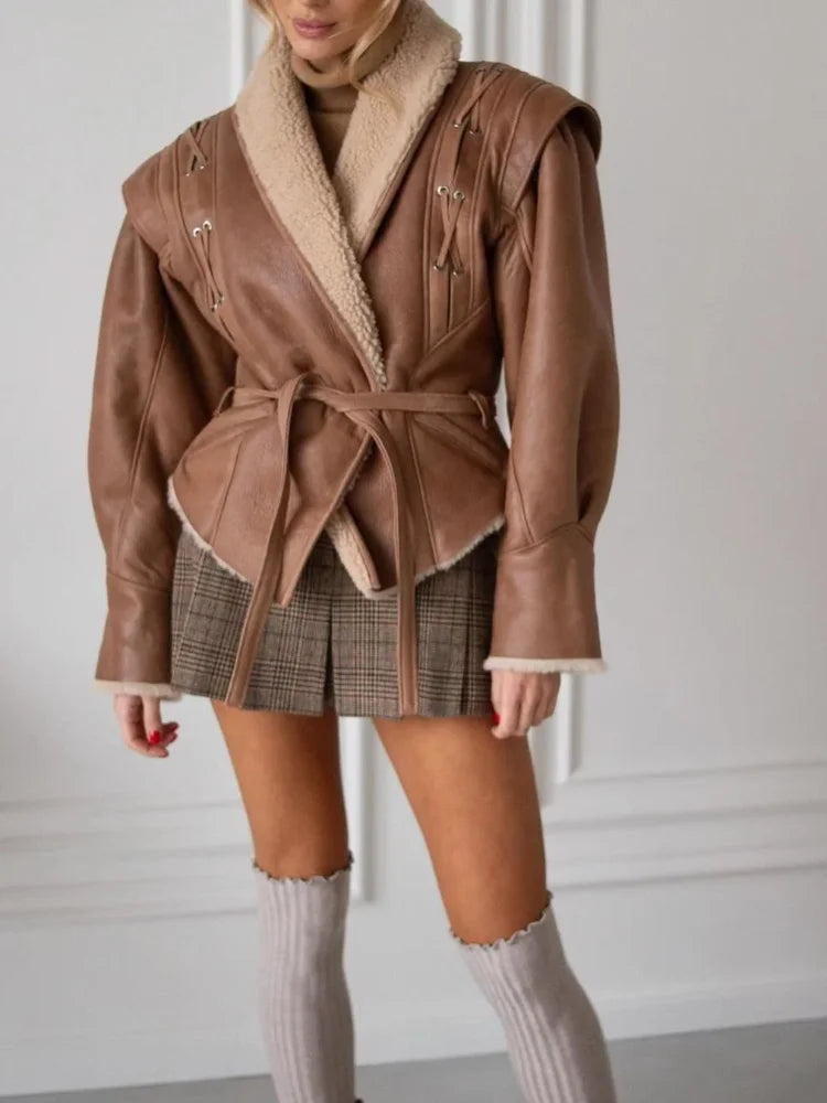 Brown Leather Jacket With Fur And Belt