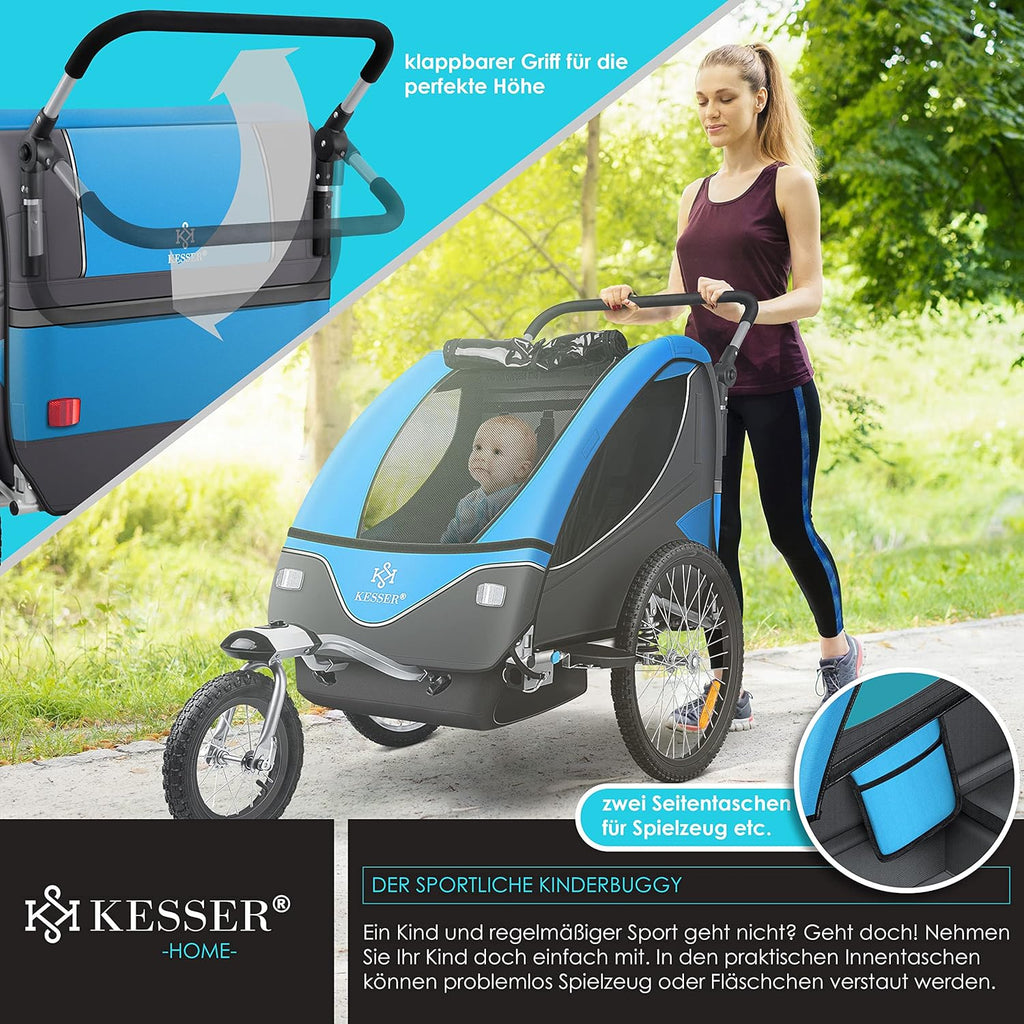 KESSER® Kinderanhänger Fahrradanhänger 360° Drehbar mit Federung 2in1 Joggerfunktion Kinderfahrradanhänger + 5-Punkt Gurt Jogger Fahrrad Anhänger für 1 bis 2 Kinder max. 40kg Inkl. Warnfahne, Schwarz