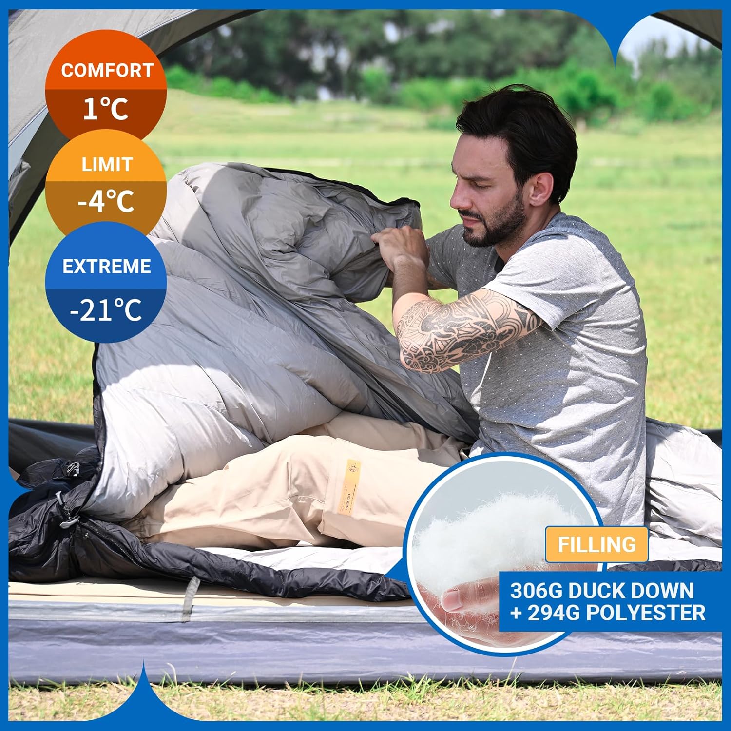 ATEPA Daunenschlafsack Winter Outdoor,Daunenschlafsack, Übergröße Ultraleichter, 3 Jahreszeiten Warm, XXL Leichtgewicht, großartiger Komfort, Ideal für Rucksacktouren Erwachsene Camping, Wandern