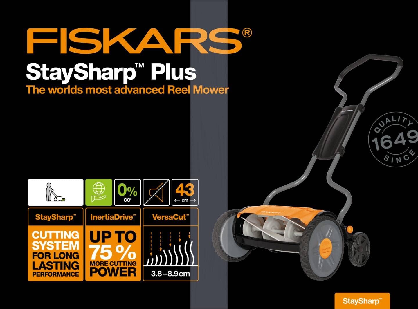 Fiskars Spindelmher, Rasenmher mit berührungslosem Schneidesystem, Schnittbreite: 43 cm, StaySharp Plus, Schwarz/Orange/Silber, 1015649