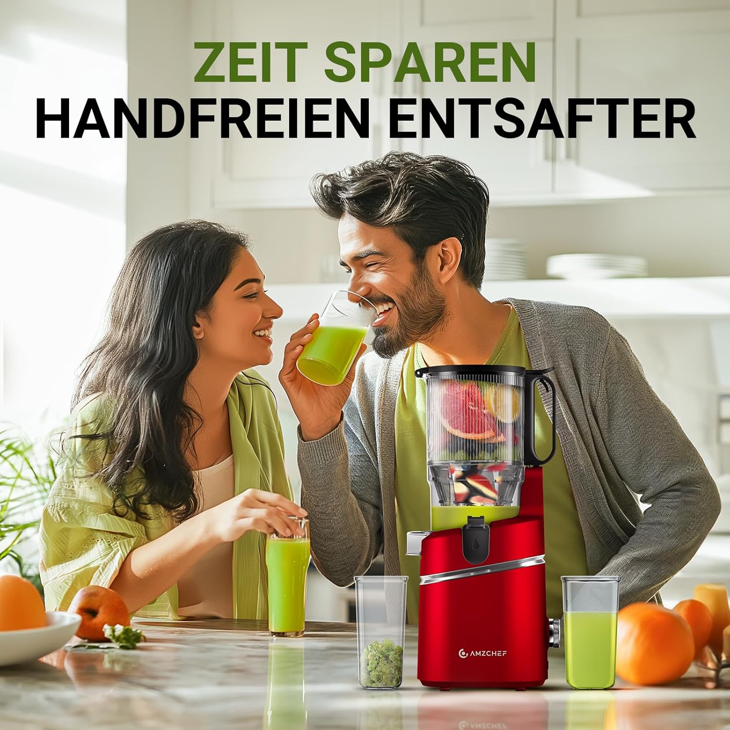 AMZCHEF Estrattore di Succo Automatico Tutto in Uno, Apertura da 135MM e Spremiagrumi da 1,8L per Frutta e Verdura, Estrattore di Succo Lento 250W Vincitore del Test con Triplo Filtro - Nero