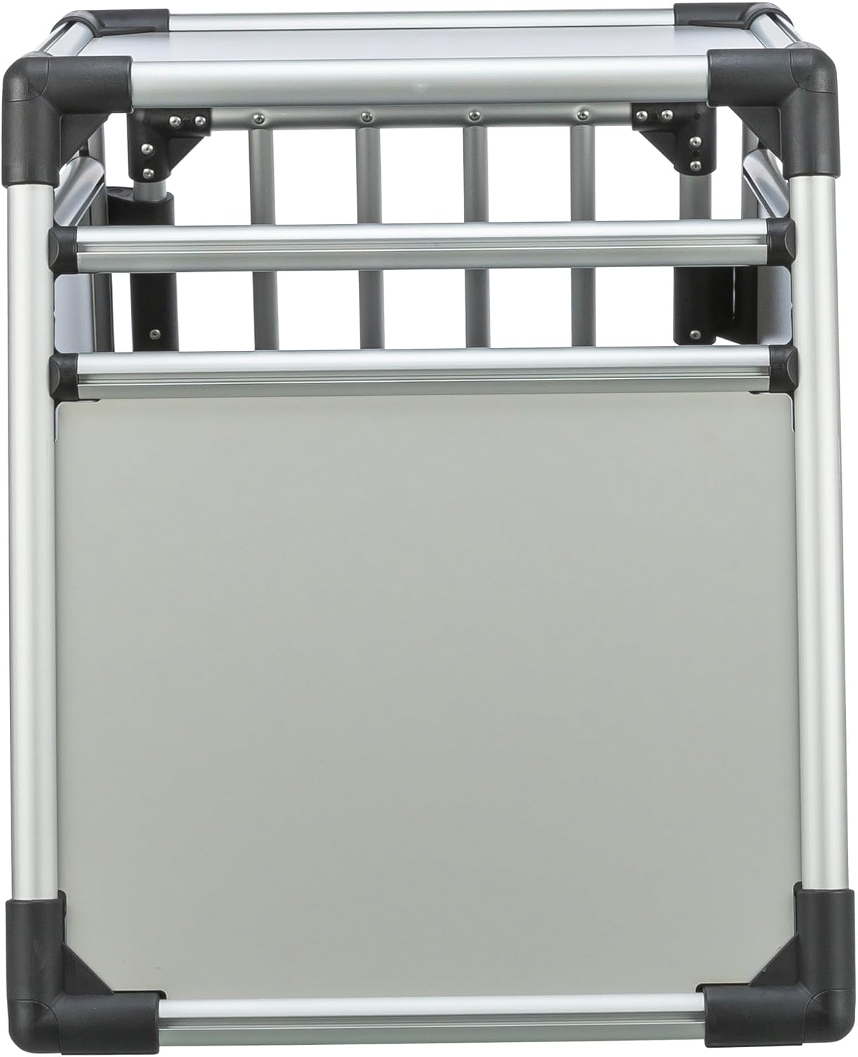 TRIXIE Hunde-Transportbox Aluminium in silber – M: 55 × 62 × 73 cm, stabile und geräuscharme Hundebox mit abgeschrägten Seiten, Sicherheitsverschluss & rutschfester Liegematte – 39342