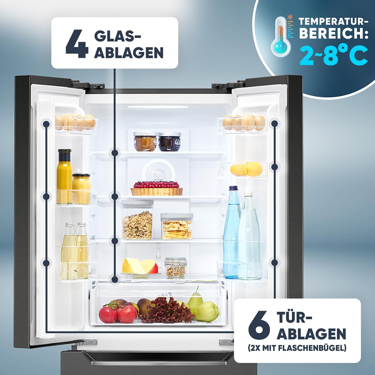 Bomann® Frigorifero con Congelatore | Congelatore No-Frost | Frigorifero da 186 cm | 39 dB | Combinato Frigorifero-Congelatore con MultiAirflow | 320L | Combinato Frigorifero-Congelatore No-Frost | KG 7361 nero-inox