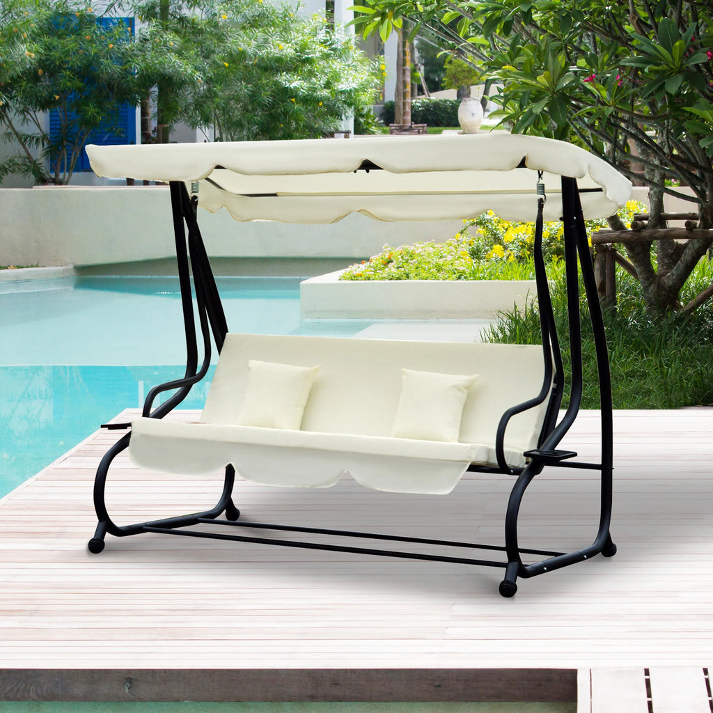 Outsunny Altalena da Giardino a 3 Posti con Funzione Letto, Protezione UV, Bianco Crema