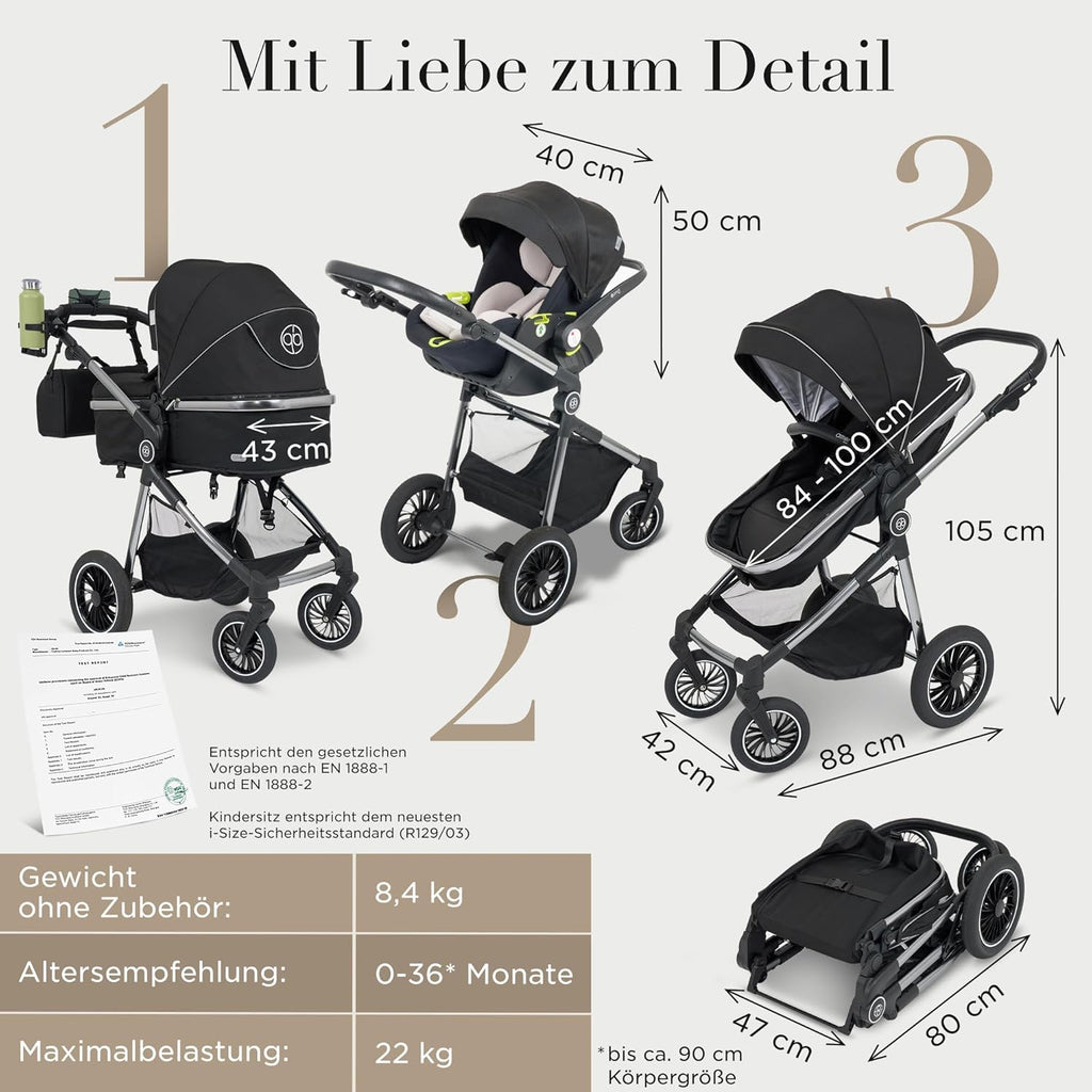 Kinderwagen [3 in 1] - Babyschale, klassischer Babywagen & Autositz in einem Set | Buggys, Kinder Wagen, Baby Stroller | Höchste Sicherheit Inkl. Isofix & 5-Punkt-Sicherheitsgurt | AMOR BABY Primus