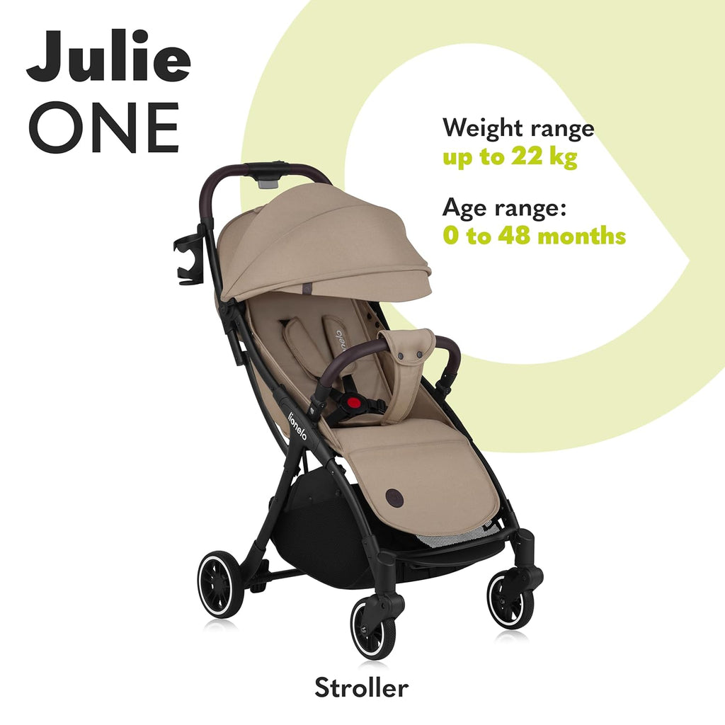 LIONELO Julie One Passeggino da 0 a 22 kg, schienale e poggiagambe regolabili, zanzariera, coprigambe, portabicchieri e borsa da trasporto, pieghevole