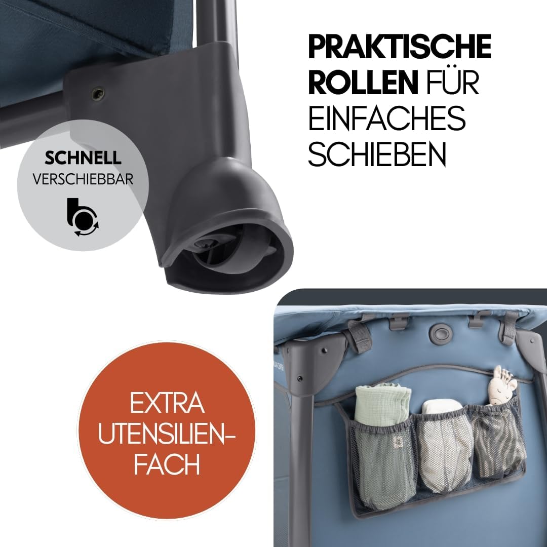 hauck Baby Reisebett Play n Relax Center Set mit Komfort Matratze und Insektenschutz - Babyreisebett mit Neugeborenen Einsatz, Wickelauflage und Tasche (höhenverstellbar & faltbar) - Dark Blue