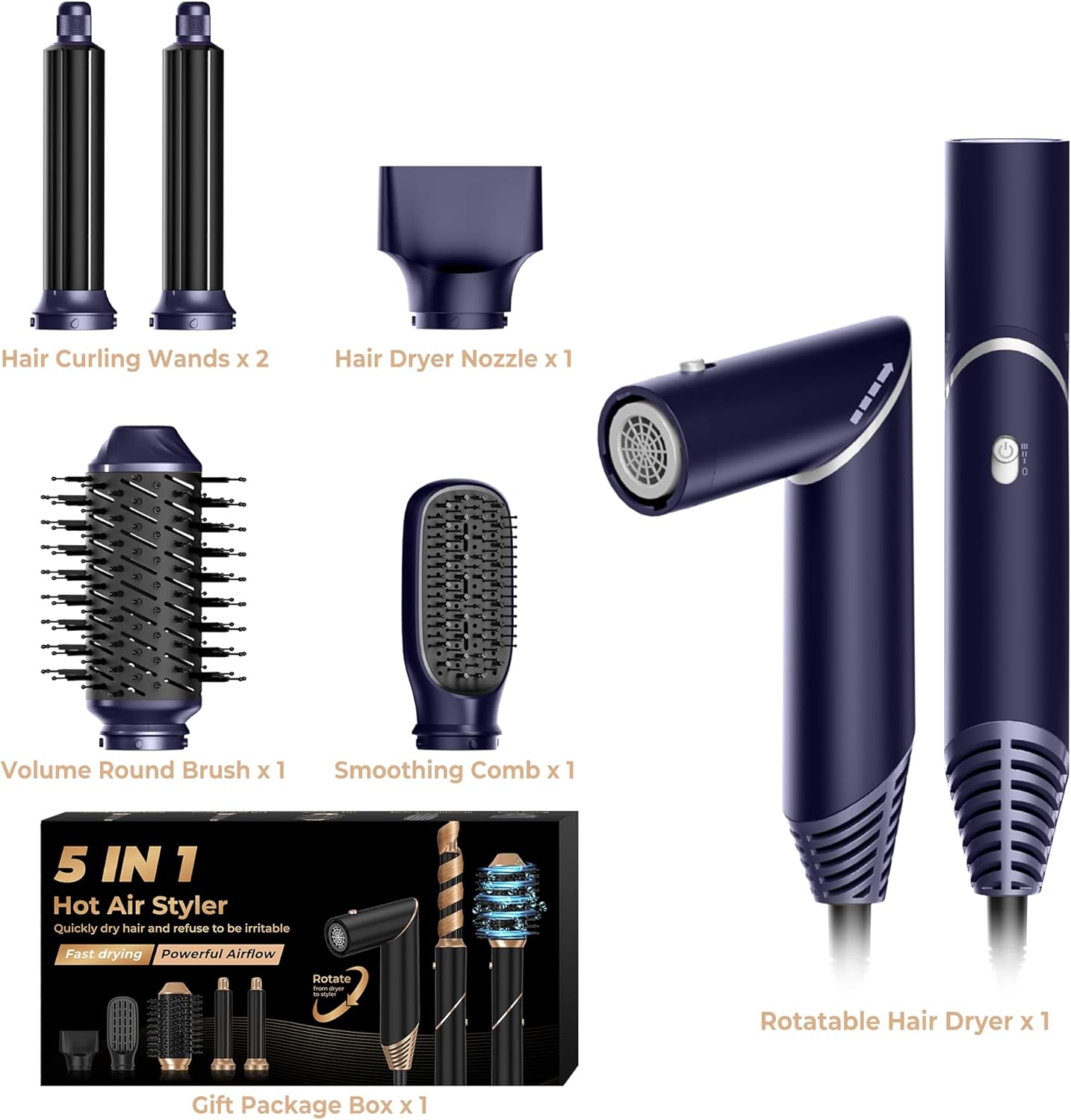 UKLISS 7 in 1 Pro Airstyler & Ionen Föhn [110,000RPM] High-speed Haartrockner Ionen Hair Dryer, mit Heißluft Lockenwickler Thermal Brush Haarglätterbürste Warmluftbürste Föhnbürste, 1200W/Blau
