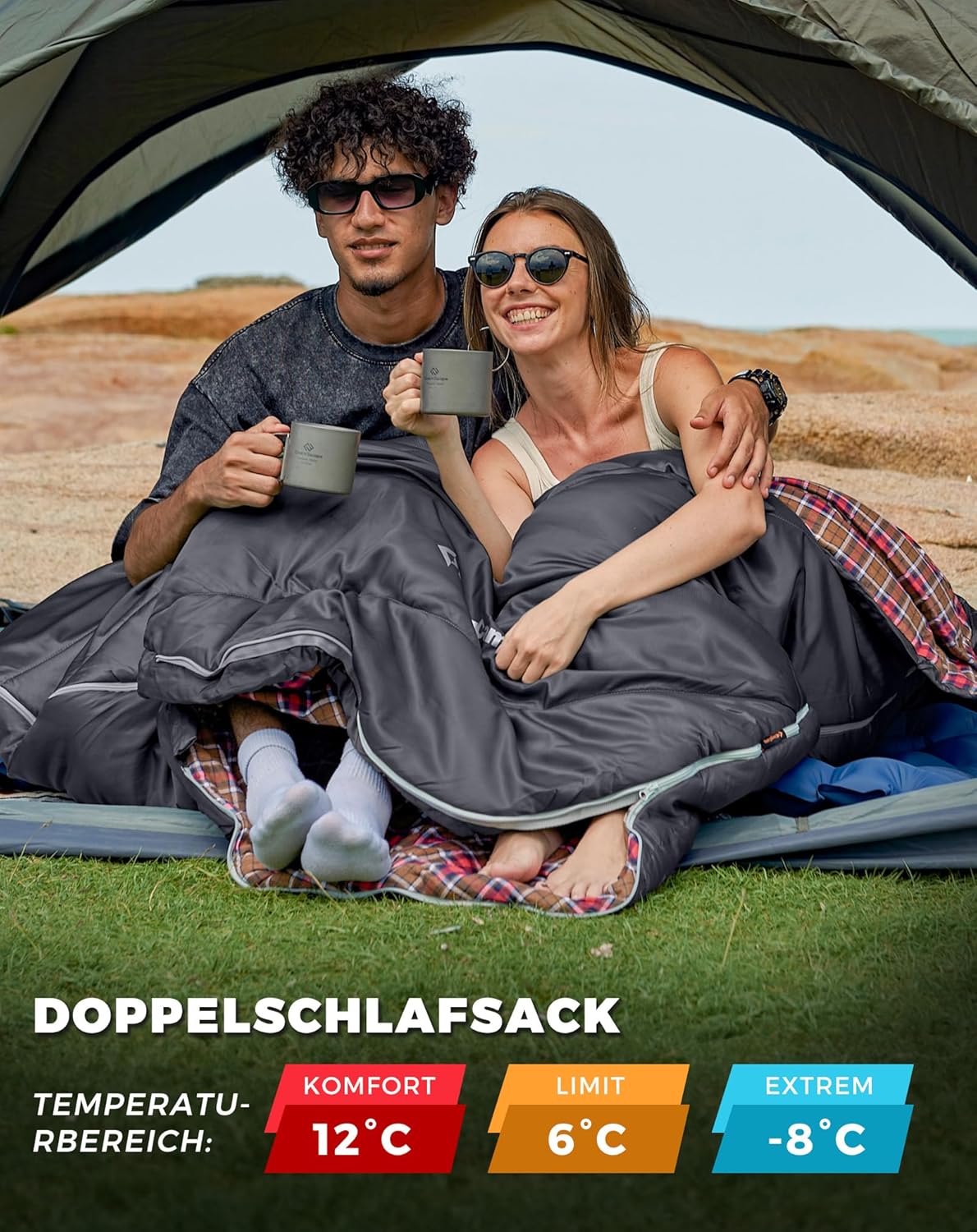 KingCamp Doppelschlafsack Flanell, Schlafsack 2 Personen, Schlafsack 3-4 Jahreszeiten, wasserfest, warm und komfortabel, verpackbar Schlafsack Outdoor