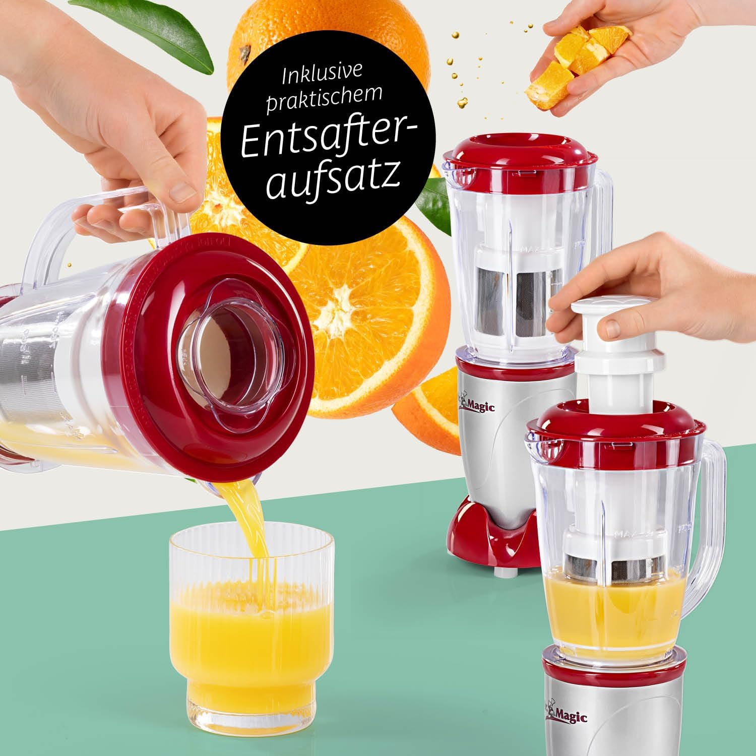 GOURMETmaxx Frullatore per Smoothie e Frullatore a Immersione Set da 18 pezzi - 400W | Frullatore Elettrico da 750ml, Mixer con 4 Bicchiere To-Go, 2 Lame, Spremiagrumi, Piedistallo e Coperchio | Lavabile in Lavastoviglie, a Prova di Perdite e Senza BPA