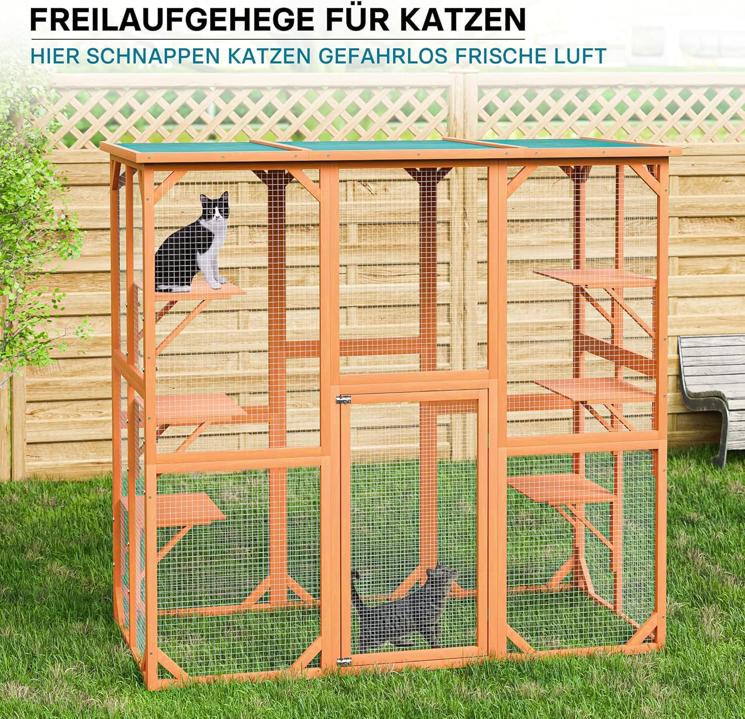 Wiltec Recinto esterno per gatti 168 x 82 x 166,5 cm con 6 piattaforme, gabbia per gatti da giardino resistente alle intemperie, cuccia per gatti con rete metallica e tetto in bitume