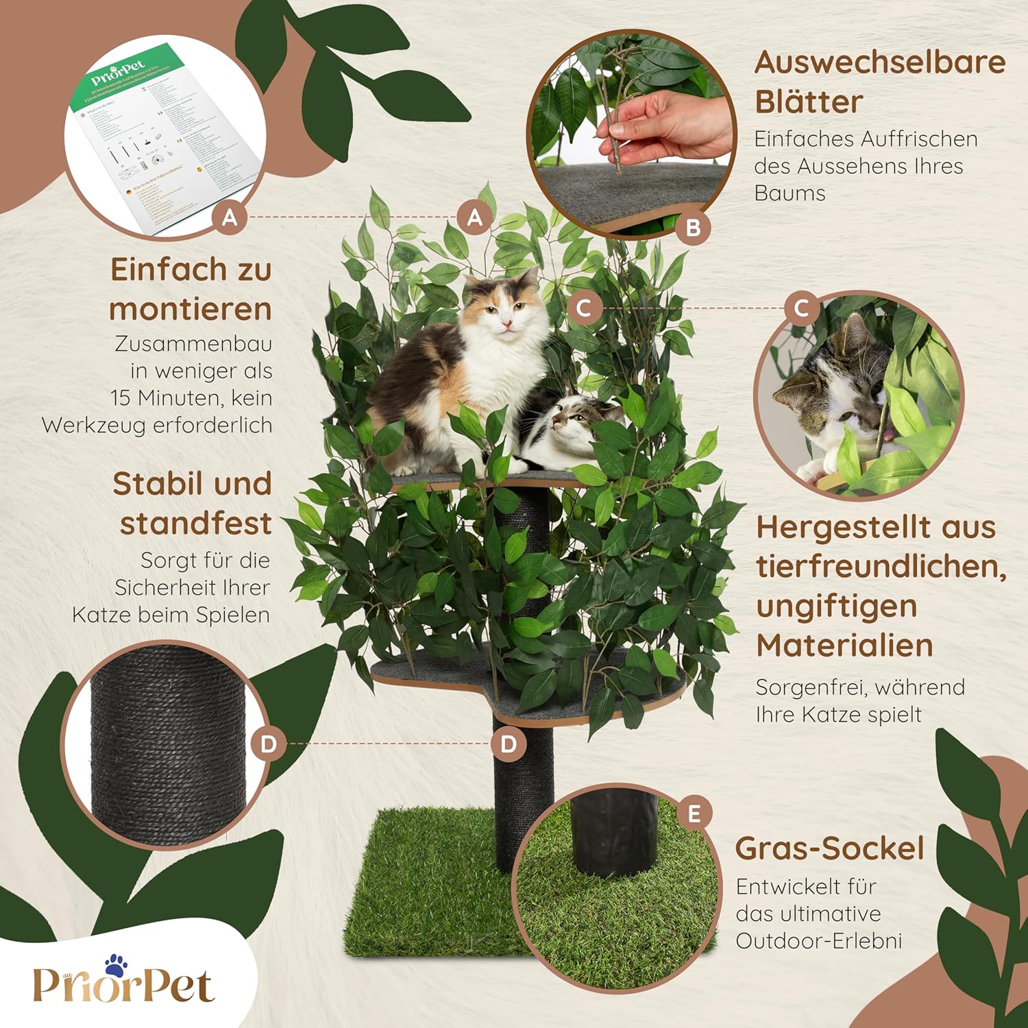 Tiragraffi albero naturale per arrampicarsi, nascondersi e dormire - grande con foglie intercambiabili - a più livelli, facile da montare - materiali sicuri per animali domestici, durevole e robusto albero per gatti brevettato