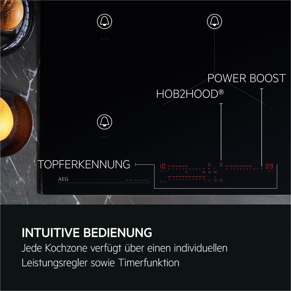 AEG piano cottura a induzione autonomo 80cm con cappa integrata / Prodotto in Germania / 4 zone cottura Flexi con funzione Bridge (combinazione di 2 zone) / Funzione automatica della cappa / Filtro a carbone attivo / COLI84COXB