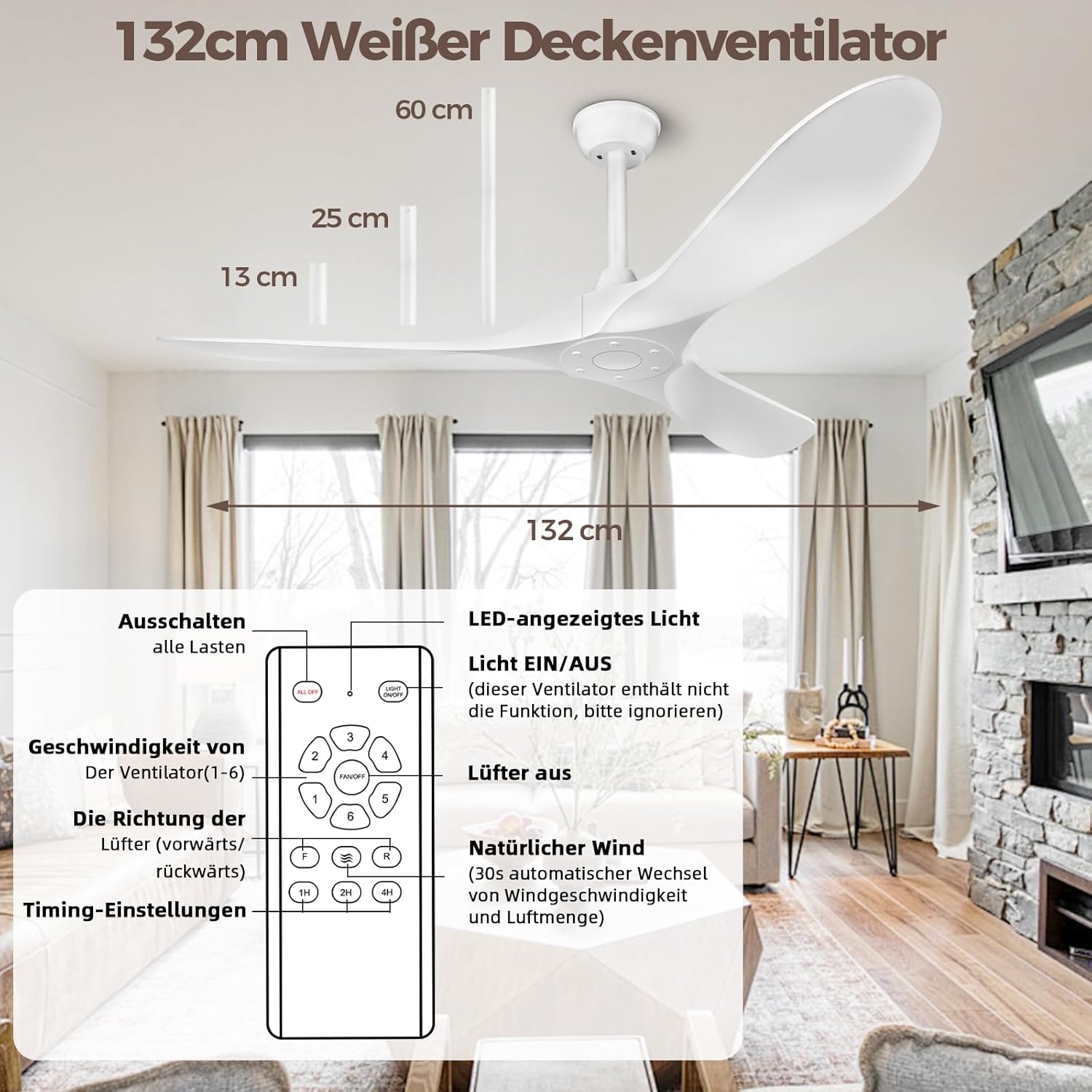 Biukis - Ventilatore da soffitto da 152 cm con telecomando, 6 velocità, motore DC reversibile per uso tutto l'anno, adatto per esterni, giardino, soggiorno, camera da letto – Noce