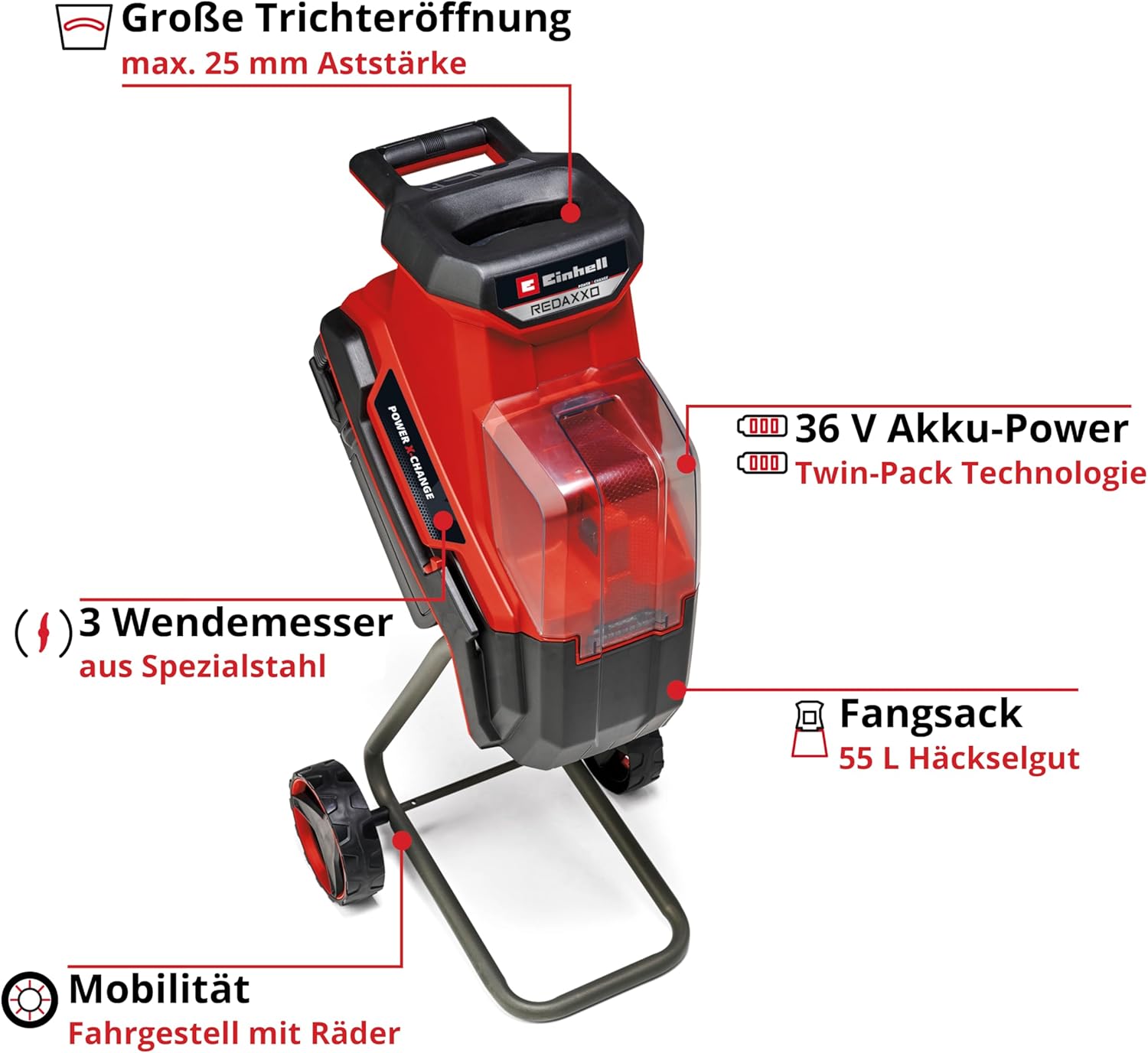 Trituratore a coltelli a batteria Einhell REDAXXO 36/25 Power X-Change (36 V, spessore max rami 25 mm, 3 coltelli reversibili in acciaio, sacco di raccolta 55 L, impugnatura per il trasporto, pestello)