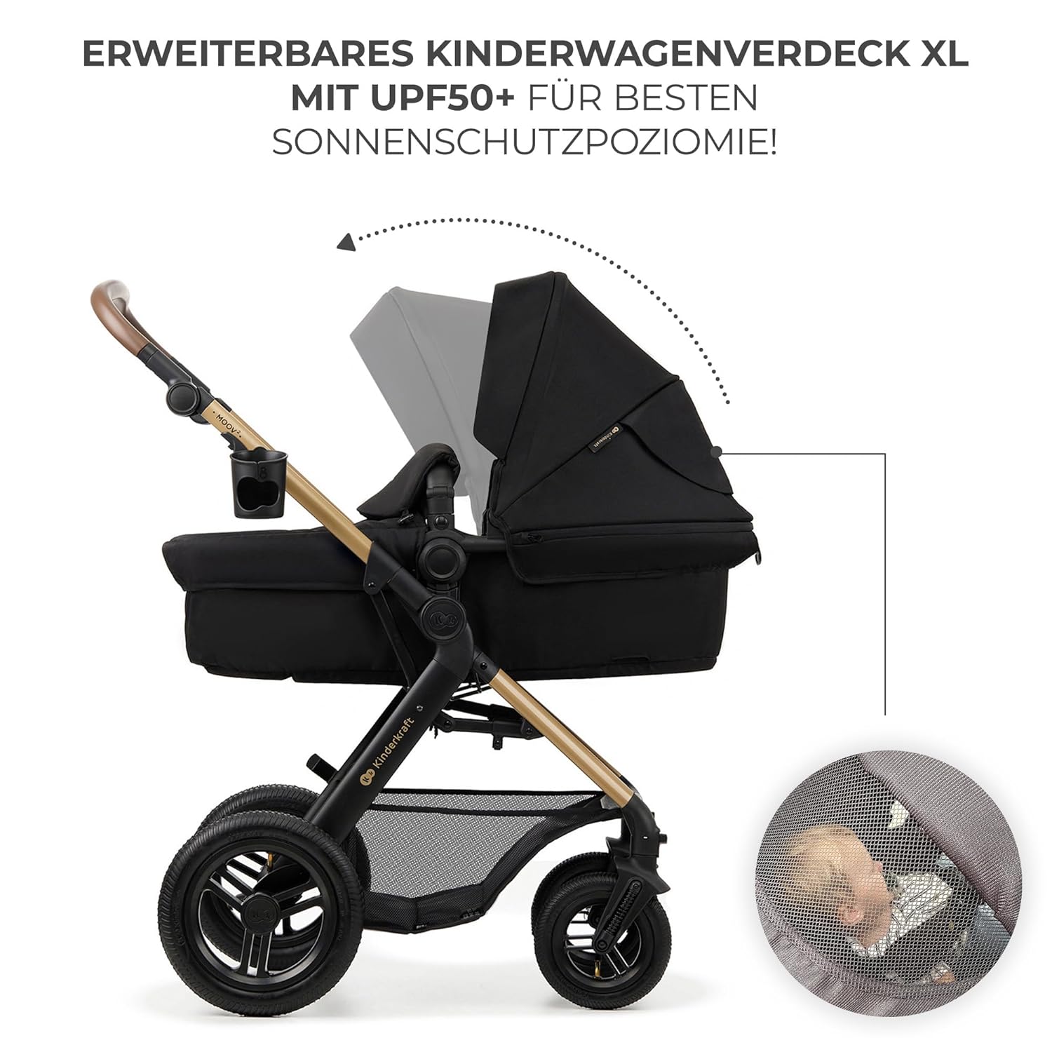 Kinderkraft MOOV2 AIR Passeggino 3 in 1, Set da 26 kg con seggiolino auto I-SIZE 40-75 cm, funzione passeggino, schienale reclinabile, ampia cappottina estensibile, ruote gonfiabili, grigio