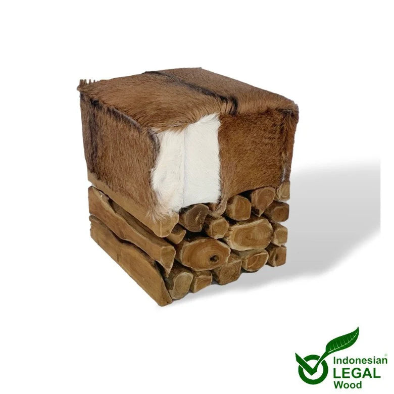 Sgabello in legno di teak e radica BARON con pelliccia di capra