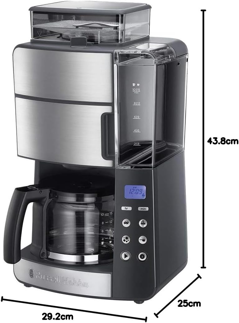 Russell Hobbs Macchina da caffè con macinacaffè integrato, caraffa in vetro [Timer digitale, Doccetta per un'estrazione e un aroma ottimali] Grind&Brew (max 10 tazze, macinatura regolabile in 3 fasi) 25610-56