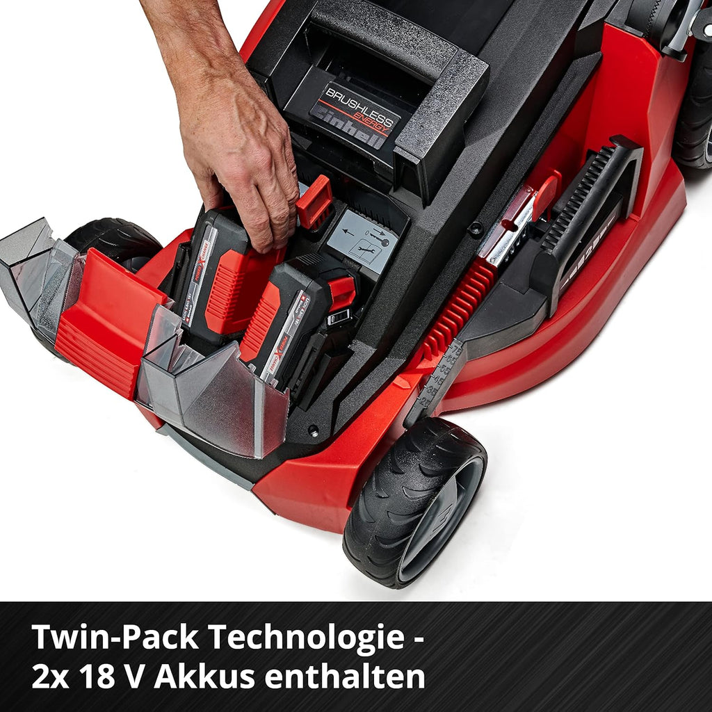 Einhell Akku-Rasenmher GE-CM 43 Li M Kit Power X-Change (36V, 43 cm Schnittbreite, bis 600 m, Brushless, Mulch-Kit, 63L Fangkorb, 25-75 mm Schnitthhe, inkl. 2x 4,0Ah + 2x Ladegert)
