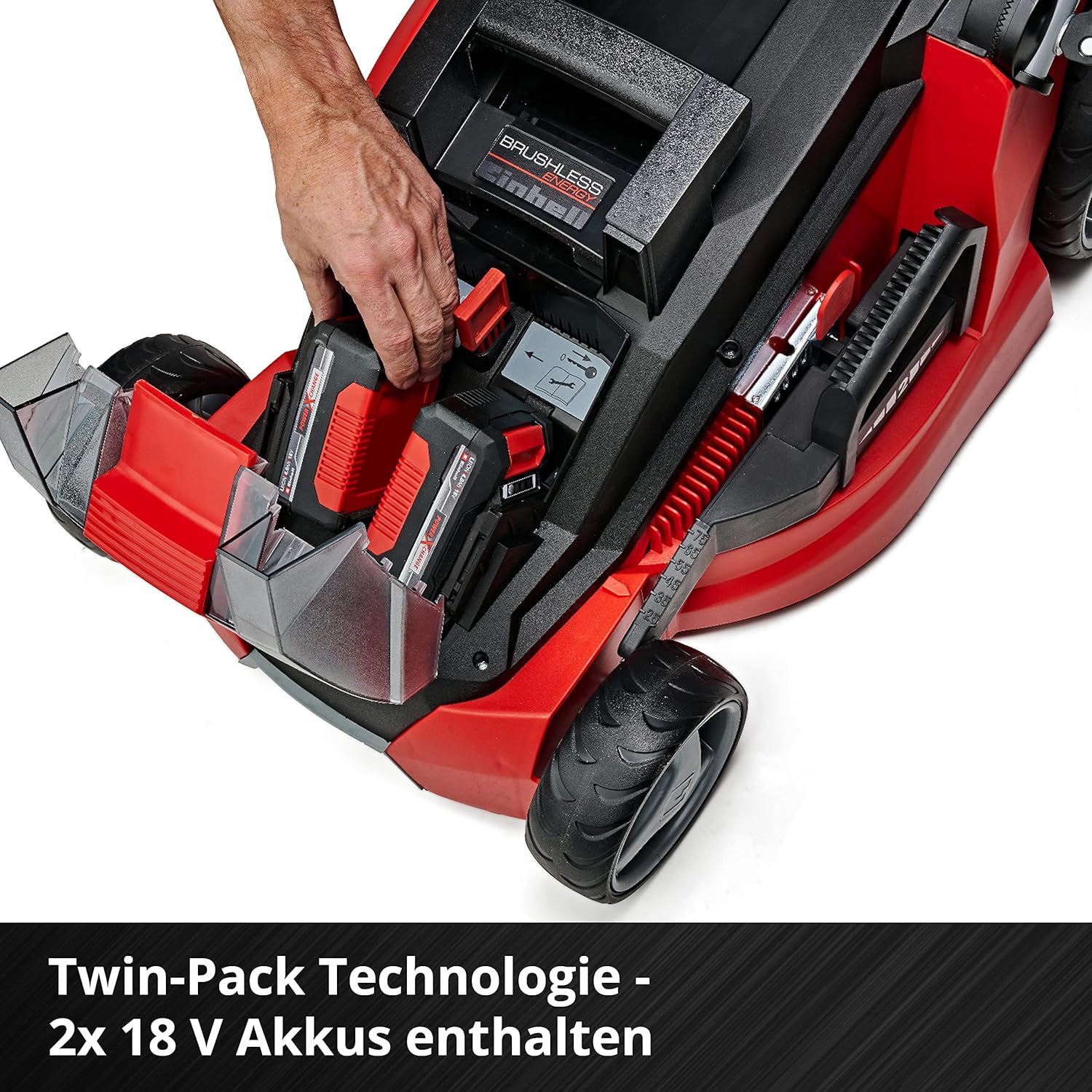 Einhell Akku-Rasenmher GE-CM 43 Li M Kit Power X-Change (36V, 43 cm Schnittbreite, bis 600 m, Brushless, Mulch-Kit, 63L Fangkorb, 25-75 mm Schnitthhe, inkl. 2x 4,0Ah + 2x Ladegert)