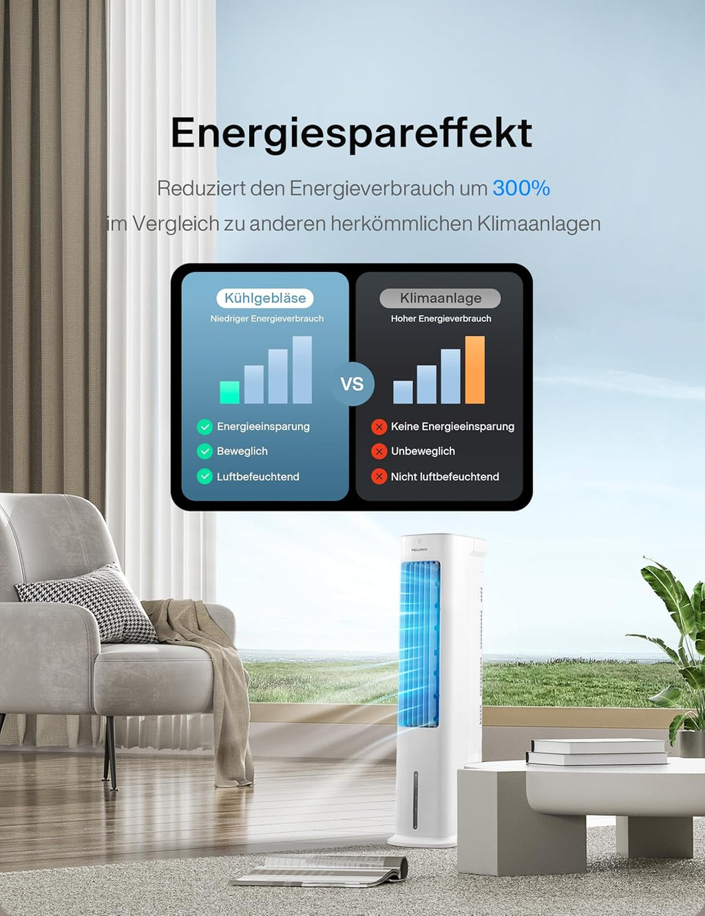 PELONIS Raffrescatore Evaporativo, Condizionatore Portatile, Ventilatore con Raffreddamento ad Acqua 5L, Umidificatore con Telecomando, 355m³/h Climatizzatore Senza Tubo di Scarico